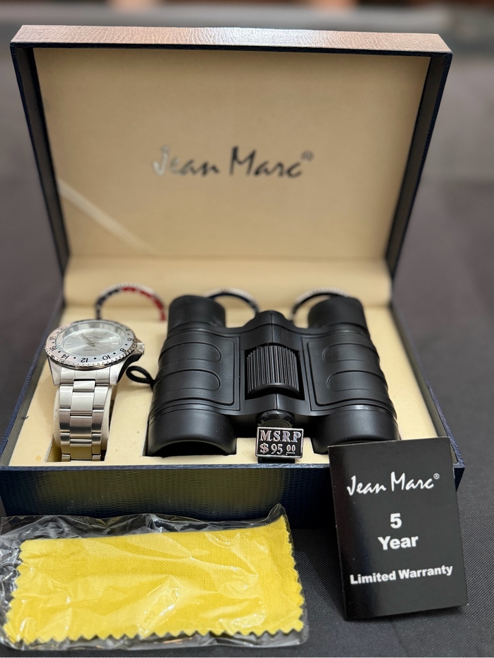 Jean Marc Philippe Men’s Black Binoculars with Silver Watch Set